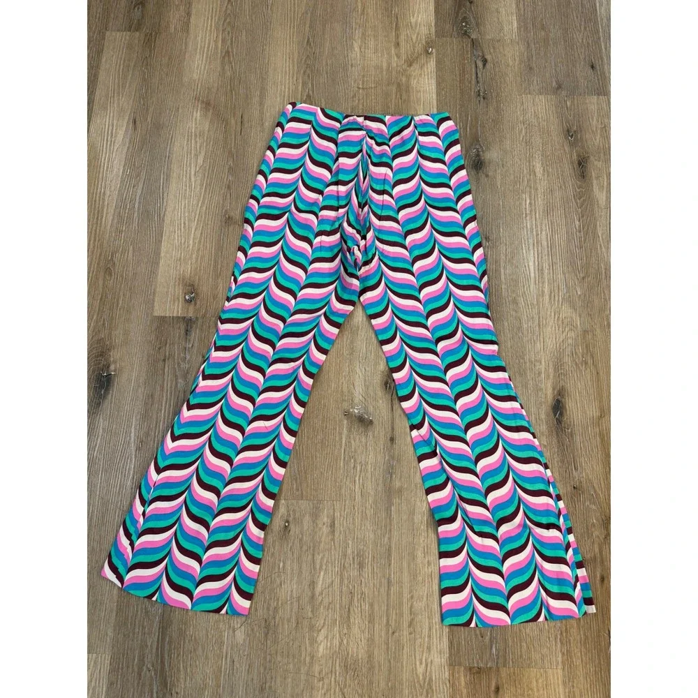 Zara Flare Pants Womens Medium Multicolor Psychedelic‎ Wavy Print Lace Up Retro